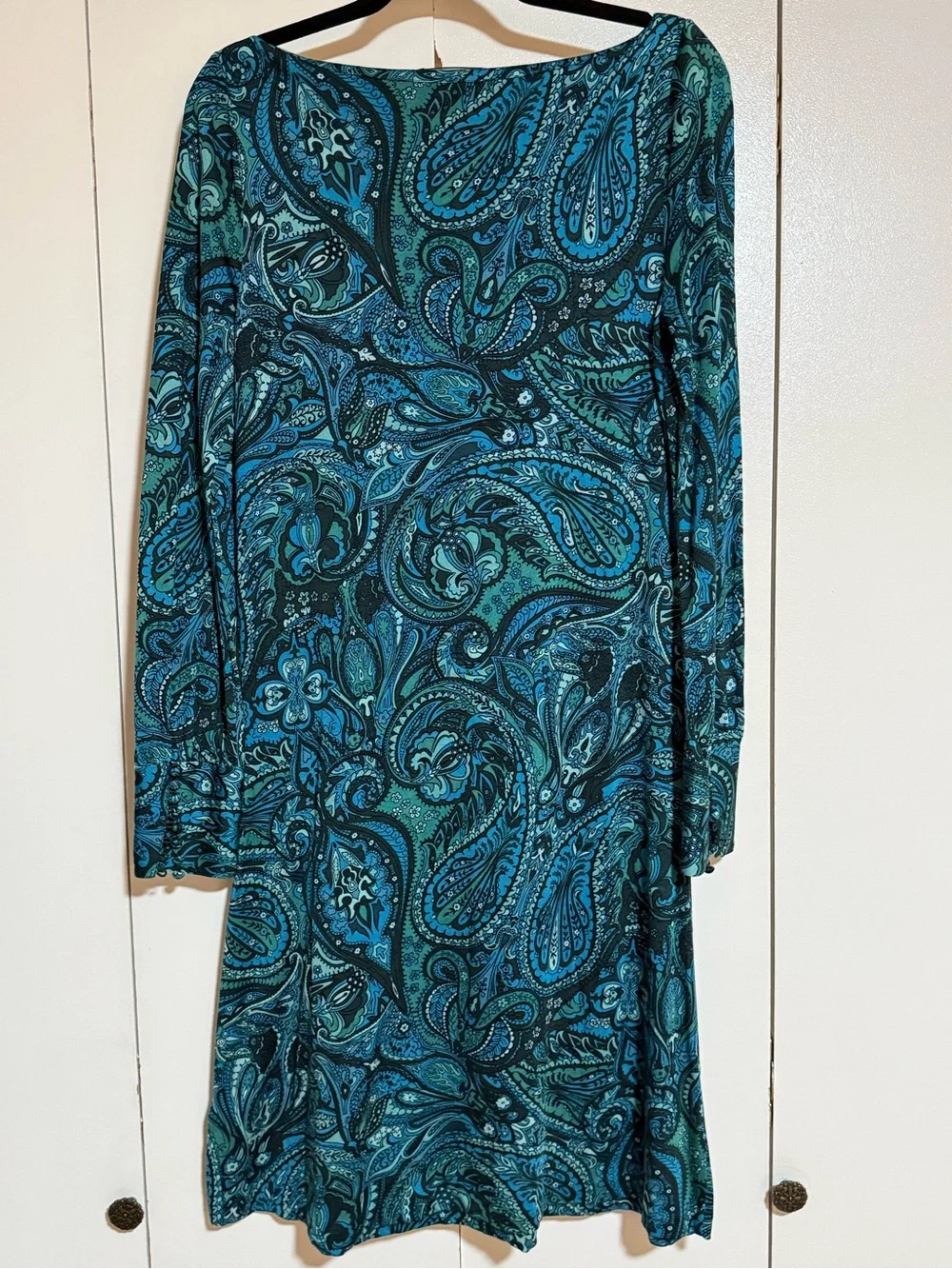Banana Republic Paisley Shift Dress Teal Blue Long Sleeve Silk Cotton Medium